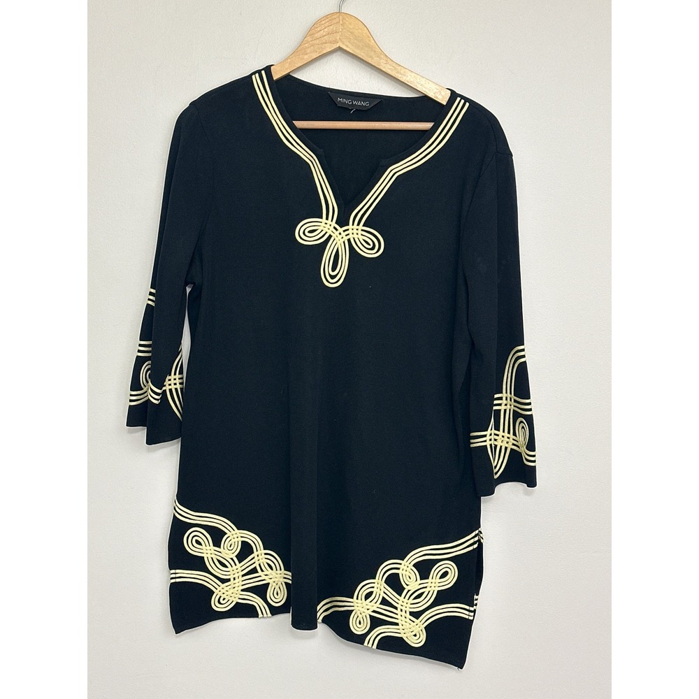 Ming Wang Soutache Knit Tunic Top Womens L Designer Quiet Luxury Old Money Chic